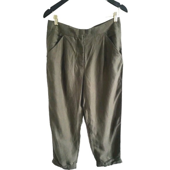 Aritzia Wilfred Linen Pants Women’s 6 Green High Waist Crop Legs Rolled Cuff - Picture 1 of 9
